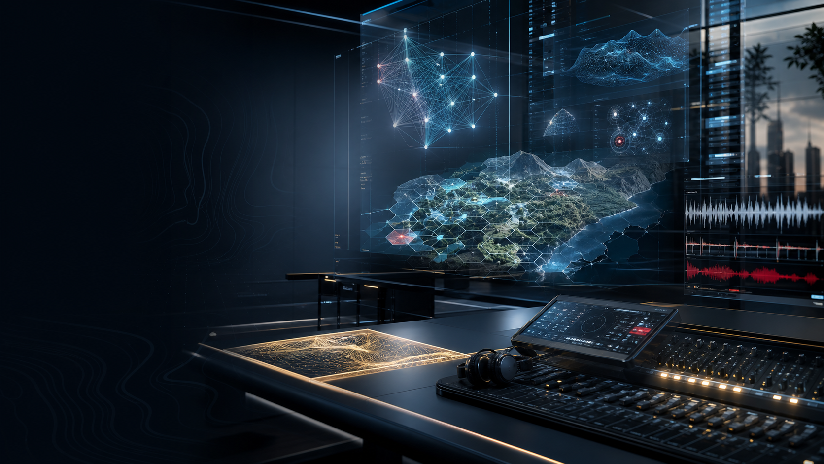 Abstract AI command environment with simulation terrain, neural systems, and audio waveform interfaces