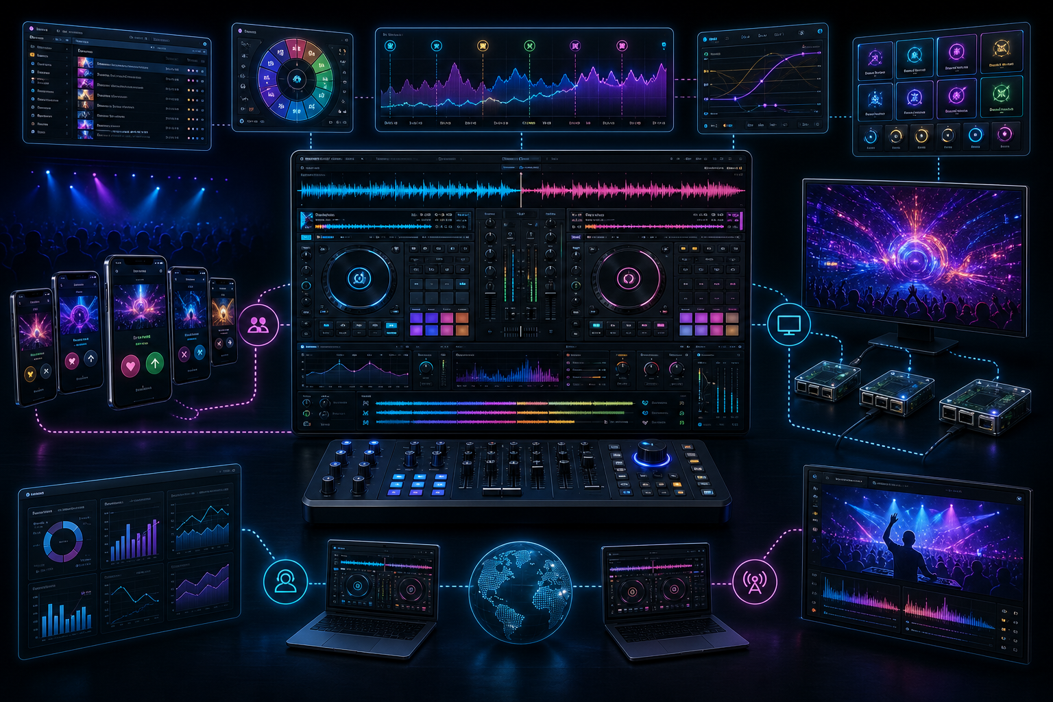 PulseAudio DJ Neo live ecosystem with DJ software, audience phones, visual displays, venue analytics, and networked devices