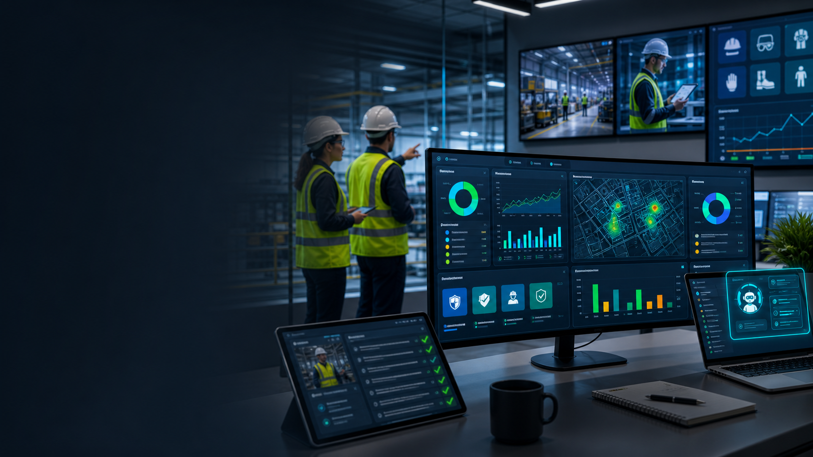SafeWork AI workplace safety dashboard with compliance workflows, hazard signals, and risk intelligence panels